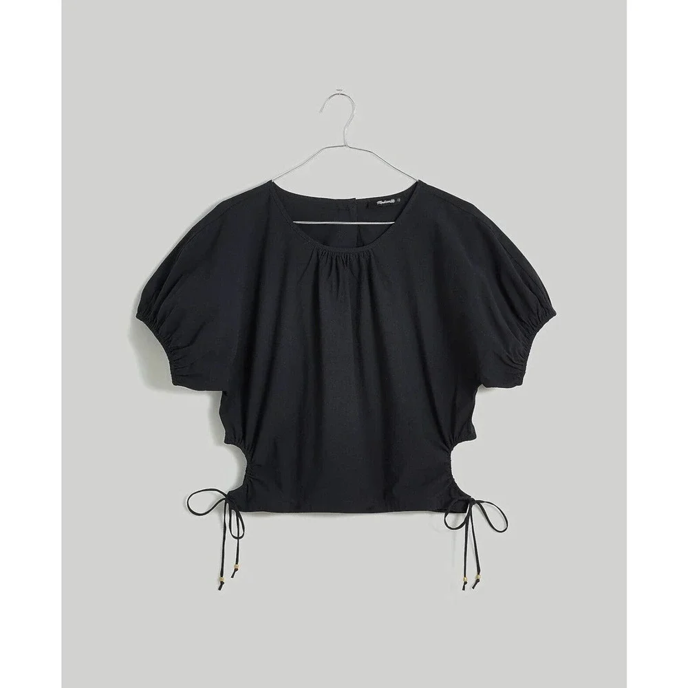NWT‎ Madewell Womens Polplin Puff Sleeve Cutout Crop Top Shirt XL Cotton Black